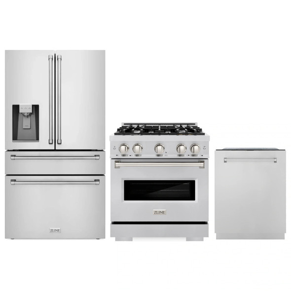 ZLINE 3-Piece Appliance Package - 30-Inch Dual Fuel Range, Refrigerator with Water Dispenser, and Dishwasher in Stainless Steel