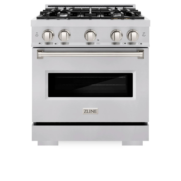 ZLINE 4-Piece Appliance Package - 30-Inch Gas Range, Hood, Refrigerator with Water Dispenser, and Dishwasher in Stainless Steel