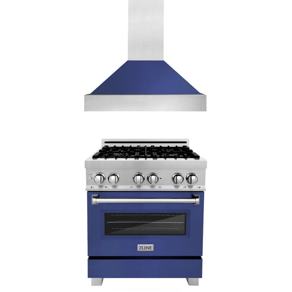 ZLINE 2-Piece Appliance Package - 30-inch Dual Fuel Range & Premium Range Hood in Satin Stainless Steel with Blue Matte (2KP-RASBMRH30)