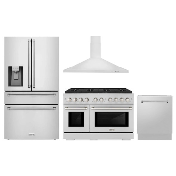 ZLINE 4-Piece Appliance Package - 48-Inch Gas Range, Refrigerator with Water Dispenser, Convertible Wall Mount Hood, and 3-Rack Dishwasher in Stainless Steel (4KPRW-SGRRH48-DWV)