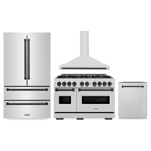 ZLINE 4-Piece Appliance Package - 48-Inch Dual Fuel Range, Hood, Refrigerator, and Dishwasher in Stainless Steel with Matte Black Accents