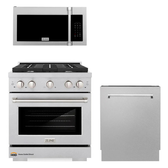 ZLINE 3-Piece Appliance Package - 30-Inch Gas Range, Microwave Oven and Dishwasher in Satin Stainless Steel (3KP-SGRSOTRHDWV30)