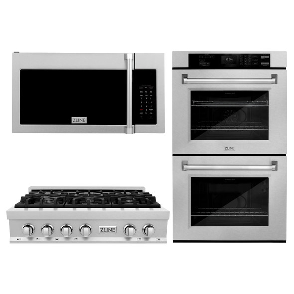 ZLINE 3-Piece Appliance Package - 30-Inch Rangetop, Over-the-Range Microwave Oven, and Double Wall Oven in Satin Stainless Steel (3KP-RTSOTR30-AWD)