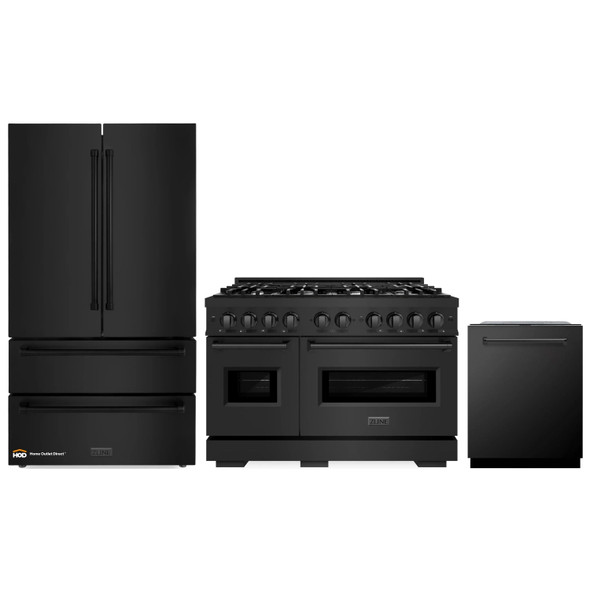 ZLINE 3-Piece Appliance Package - 48-Inch Gas Range, Refrigerator, and Dishwasher in Black Stainless Steel