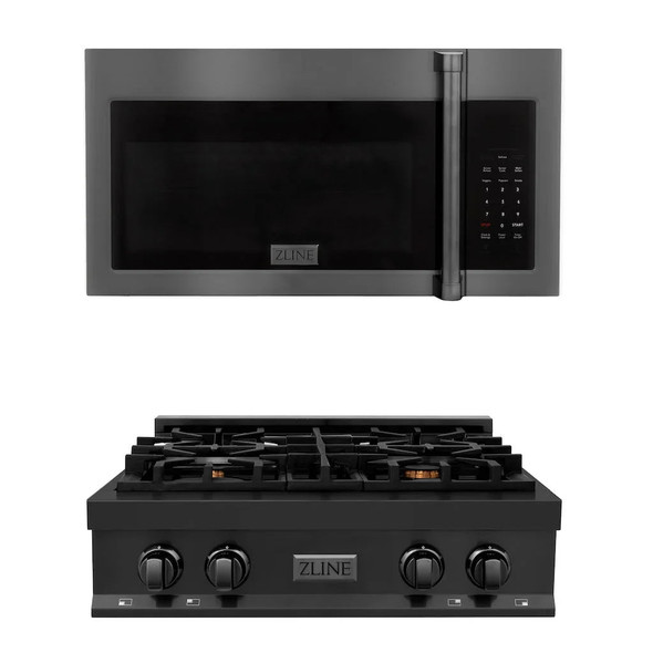 ZLINE 2-Piece Appliance Package - 30-Inch Rangetop and Over-the-Range Microwave with Traditional Handle in Black Stainless Steel (2KP-RTBOTRH30)