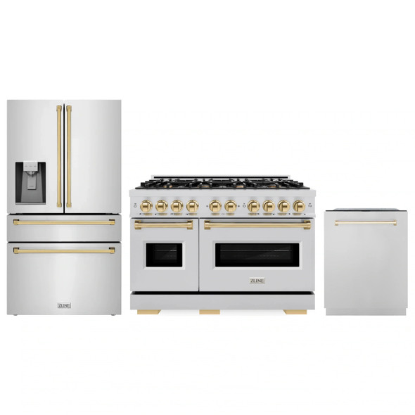 ZLINE 3-Piece Appliance Package - 48-Inch Dual Fuel Range, Refrigerator with Water Dispenser, and Dishwasher in Stainless Steel with Gold Accents