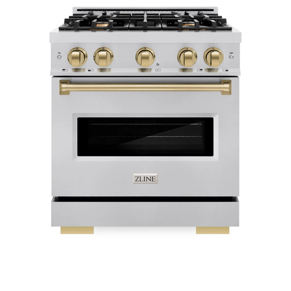 ZLINE 3-Piece Appliance Package - 30-Inch Dual Fuel Range, Refrigerator, and Dishwasher in Stainless Steel with Champagne Bronze Accents