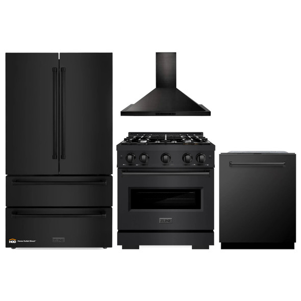 ZLINE 4-Piece Appliance Package - 30-Inch Dual Fuel Range, Hood, Refrigerator, and Dishwasher in Black Stainless Steel