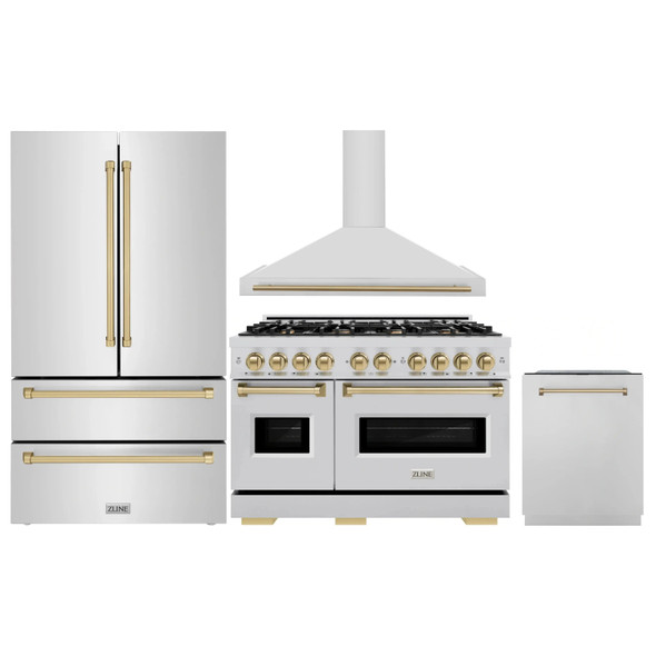 ZLINE 4-Piece Appliance Package - 48-Inch Dual Fuel Range, Hood, Refrigerator, and Dishwasher in Stainless Steel with Champagne Bronze Accents