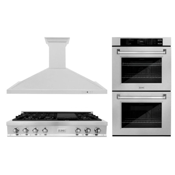 ZLINE 3-Piece Appliance Package - 36-Inch Rangetop, Wall Mount Range Hood, Double Wall Oven in Satin Stainless Steel (3KP-RTSRH36-AWD)
