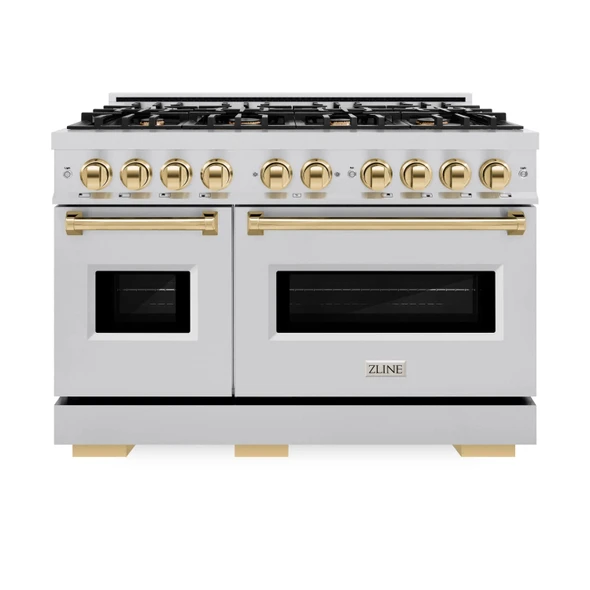 ZLINE 4-Piece Appliance Package - 48-Inch Gas Range, Hood, Refrigerator, and Dishwasher in Stainless Steel with Gold Accents