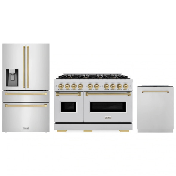 ZLINE 3-Piece Appliance Package - 48-Inch Gas Range, Refrigerator with Water Dispenser, and Dishwasher in Stainless Steel with Champagne Bronze Accents
