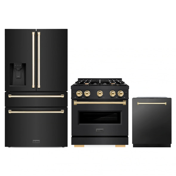 ZLINE 3-Piece Appliance Package - 30-Inch Gas Range, Refrigerator with Water Dispenser, and Dishwasher in Black Stainless Steel with Gold Accents
