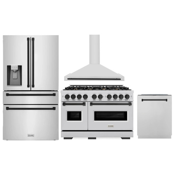 ZLINE 4-Piece Appliance Package - 48-Inch Dual Fuel Range, Hood, Refrigerator with Water Dispenser, and Dishwasher in Stainless Steel with Matte Black Accents