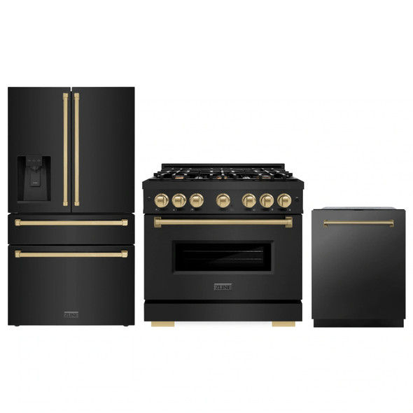 ZLINE 3-Piece Appliance Package - 36-Inch Gas Range, Refrigerator with Water Dispenser, and Dishwasher in Black Stainless Steel with Champagne Bronze Accents
