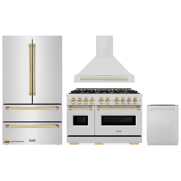 ZLINE 4-Piece Appliance Package - 48-Inch Dual Fuel Range, Hood, Refrigerator, and Dishwasher in Stainless Steel with Gold Accents
