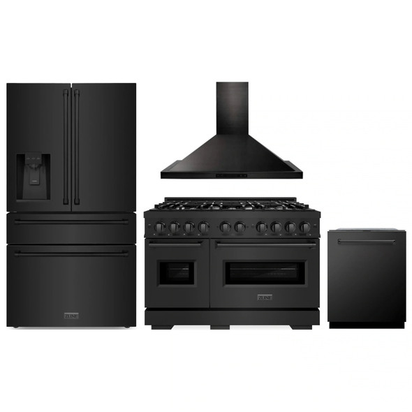 ZLINE 4-Piece Appliance Package - 48-Inch Dual Fuel Range, Hood, Refrigerator with Water Dispenser, and Dishwasher in Black Stainless Steel
