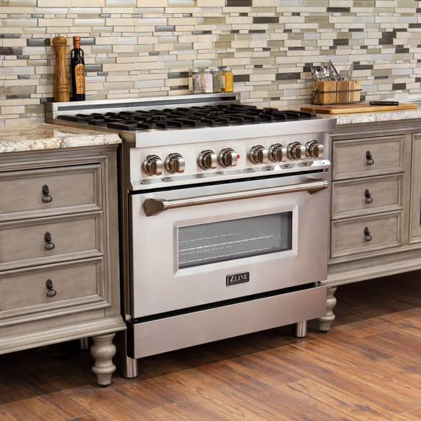 ZLINE 4-Piece Appliance Package - 36-Inch Dual Fuel Range, Refrigerator, Convertible Wall Mount Hood, and Microwave Oven in Stainless Steel (4KPR-RARH36-MO)