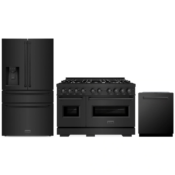 ZLINE 3-Piece Appliance Package - 48-Inch Dual Fuel Range, Refrigerator with Water Dispenser, and Dishwasher in Black Stainless Steel
