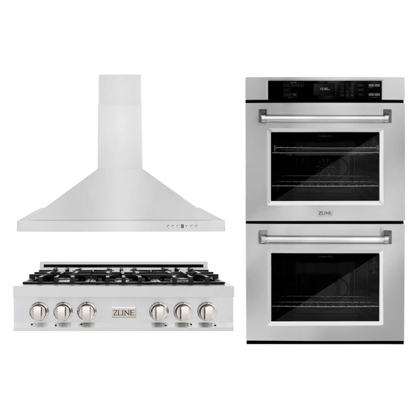 ZLINE 3-Piece Appliance Package - 36-Inch Rangetop, Convertible Wall Mount Range Hood, and Double Wall Oven in Stainless Steel (3KP-RTRH36-AWD)