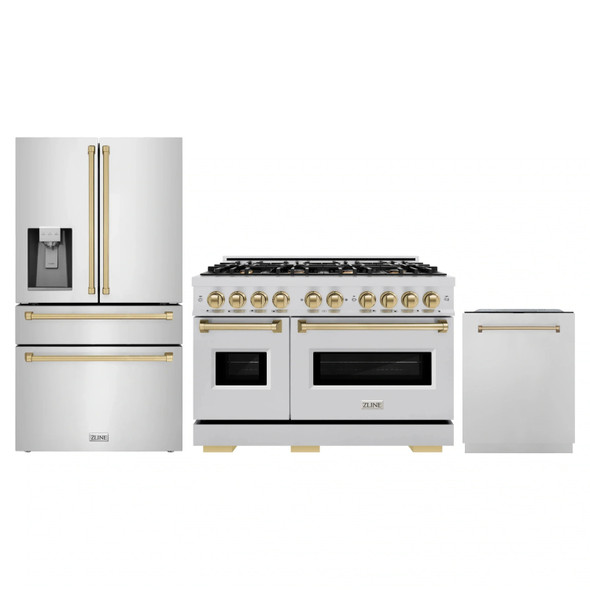 ZLINE 3-Piece Appliance Package - 48-Inch Dual Fuel Range, Refrigerator with Water Dispenser, and Dishwasher in Stainless Steel with Champagne Bronze Accents