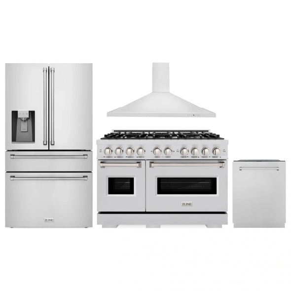 ZLINE 4-Piece Appliance Package - 48-Inch Dual Fuel Range, Hood, Refrigerator with Water Dispenser, and Dishwasher in Stainless Steel