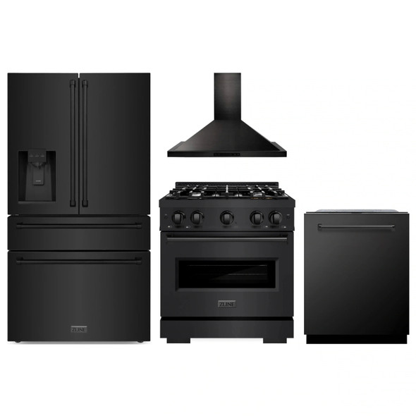 ZLINE 4-Piece Appliance Package - 30-Inch Gas Range, Hood, Refrigerator with Water Dispenser, and Dishwasher in Black Stainless Steel