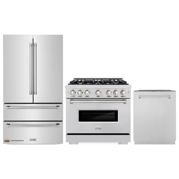 ZLINE 3-Piece Appliance Package - 36-Inch Dual Fuel Range, Refrigerator, and Dishwasher in Stainless Steel