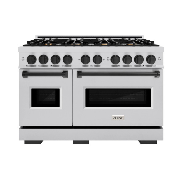 ZLINE 4-Piece Appliance Package - 48-Inch Gas Range, Hood, Refrigerator, and Dishwasher in Stainless Steel with Matte Black Accents