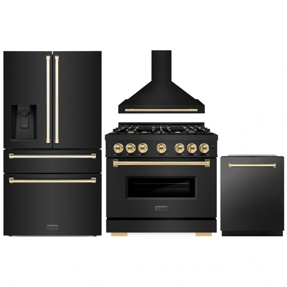 ZLINE 4-Piece Appliance Package - 36-Inch Dual Fuel Range, Hood, Refrigerator with Water Dispenser, and Dishwasher in Black Stainless Steel with Gold Accents