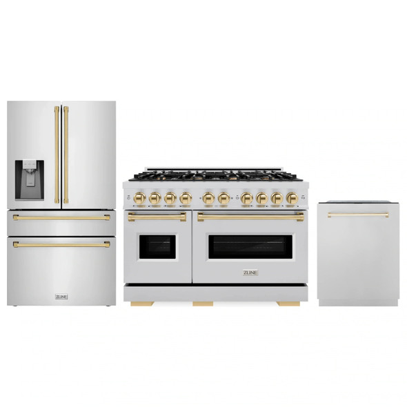 ZLINE 3-Piece Appliance Package - 48-Inch Gas Range, Refrigerator with Water Dispenser, and Dishwasher in Stainless Steel with Gold Accents