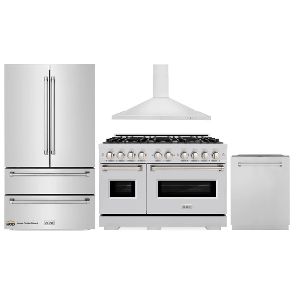 ZLINE 4-Piece Appliance Package - 48-Inch Gas Range, Hood, Refrigerator, and Dishwasher in Stainless Steel