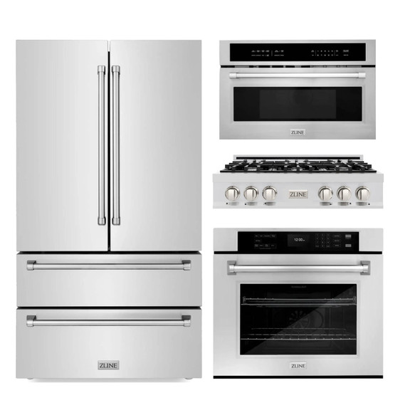 ZLINE 4-Piece Appliance Package - 36-Inch Rangetop, 30” Wall Oven, 36” Refrigerator, and Microwave Oven in Stainless Steel (4KPR-RT36-MWAWS)