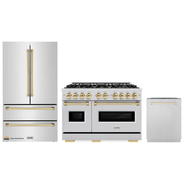 ZLINE 3-Piece Appliance Package - 48-Inch Gas Range, Refrigerator, and Dishwasher in Stainless Steel with Gold Accents