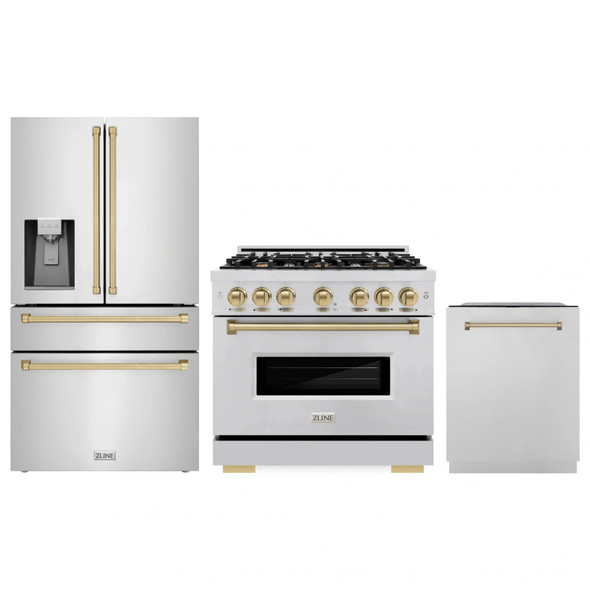 ZLINE 3-Piece Appliance Package - 36-Inch Dual Fuel Range, Refrigerator with Water Dispenser, and Dishwasher in Stainless Steel with Champagne Bronze Accents