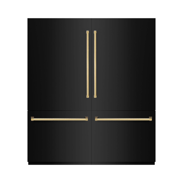 ZLINE Autograph Edition 72-Inch 39.6 cu. ft. French Door Built-In Bottom Freezer Refrigerator with Water Dispensers and Ice Makers in Black Stainless Steel and Polished Gold Accents (RBITZ-BS-72-G)