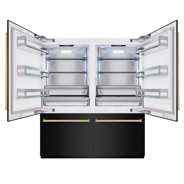 ZLINE Autograph Edition 72-Inch 39.6 cu. ft. French Door Built-In Bottom Freezer Refrigerator with Water Dispensers and Ice Makers in Black Stainless Steel and Polished Gold Accents (RBITZ-BS-72-G)