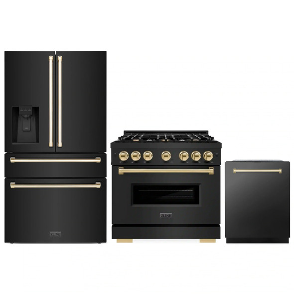 ZLINE 3-Piece Appliance Package - 36-Inch Gas Range, Refrigerator with Water Dispenser, and Dishwasher in Black Stainless Steel with Gold Accents