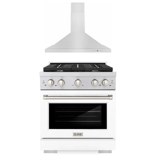 ZLINE 2-Piece Appliance Package - 30-inch Gas Range with White Matte Door and Convertible Vent Range Hood in Stainless Steel (2KP-SGRWMRH30)