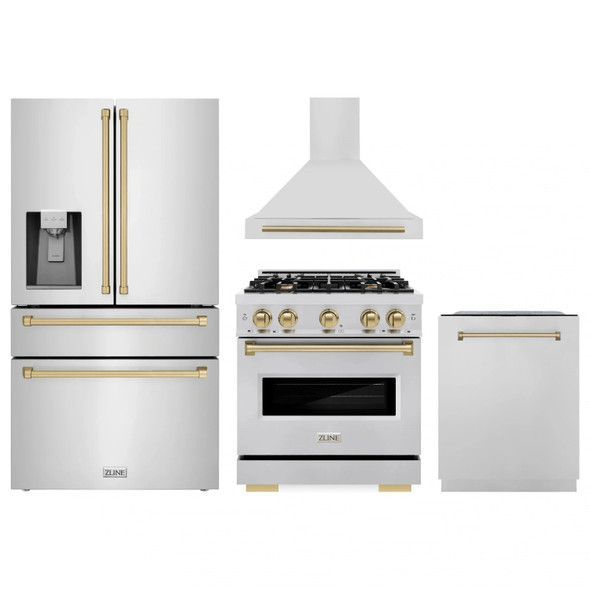ZLINE 4-Piece Appliance Package - 30-Inch Dual Fuel Range, Hood, Refrigerator with Water Dispenser, and Dishwasher in Stainless Steel with Champagne Bronze Accents