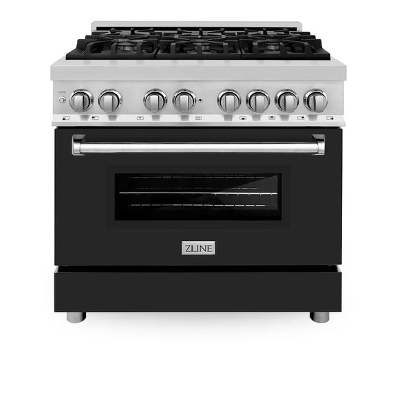 ZLINE 2-Piece Appliance Package - 36-inch Dual Fuel Range with Black Matte Door and Convertible Vent Range Hood in Stainless Steel (2KP-RABLMRH36)