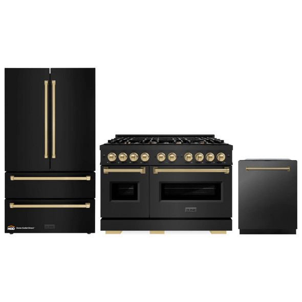 ZLINE 3-Piece Appliance Package - 48-Inch Gas Range, Refrigerator, and Dishwasher in Black Stainless Steel with Champagne Bronze Accents
