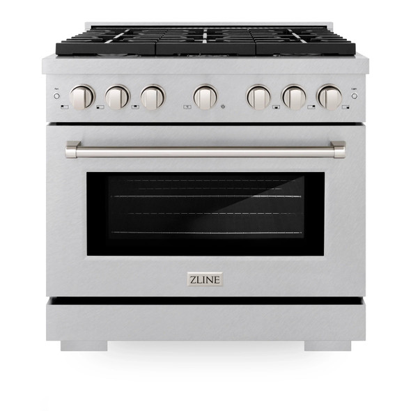 ZLINE 2-Piece Appliance Package - 36-inch Gas Range & Premium Wall Mount Range Hood in Satin Stainless Steel (2KP-SGRSSNRH36)