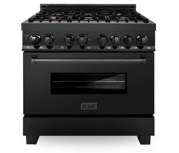 ZLINE 4-Piece Appliance Package - 36-Inch Dual Fuel Range with Brass Burners, Refrigerator, Convertible Wall Mount Hood, and 3-Rack Dishwasher in Black Stainless Steel (4KPR-RABRH36-DWV)
