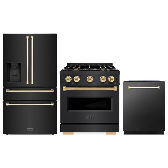 ZLINE 3-Piece Appliance Package - 30-Inch Dual Fuel Range, Refrigerator with Water Dispenser, and Dishwasher in Black Stainless Steel with Gold Accents