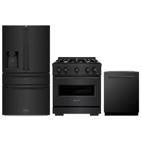 ZLINE 3-Piece Appliance Package - 30-Inch Gas Range, Refrigerator with Water Dispenser, and Dishwasher in Black Stainless Steel