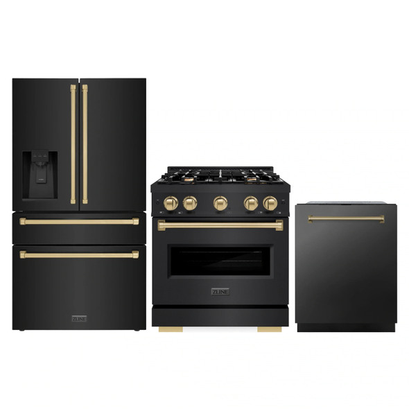 ZLINE 3-Piece Appliance Package - 30-Inch Dual Fuel Range, Refrigerator with Water Dispenser, and Dishwasher in Black Stainless Steel with Champagne Bronze Accents