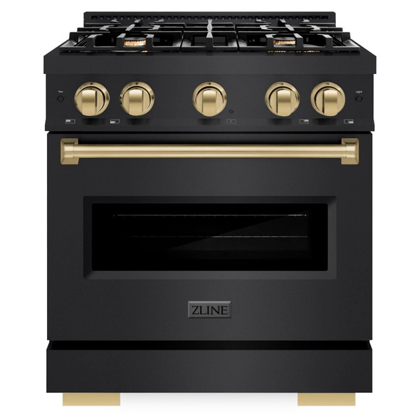 ZLINE 3-Piece Appliance Package - 30-Inch Dual Fuel Range, Refrigerator with Water Dispenser, and Dishwasher in Black Stainless Steel with Champagne Bronze Accents