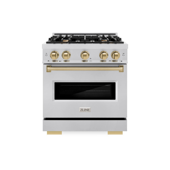 ZLINE 3-Piece Appliance Package - 30-Inch Gas Range, Refrigerator, and Dishwasher in Stainless Steel with Champagne Bronze Accents