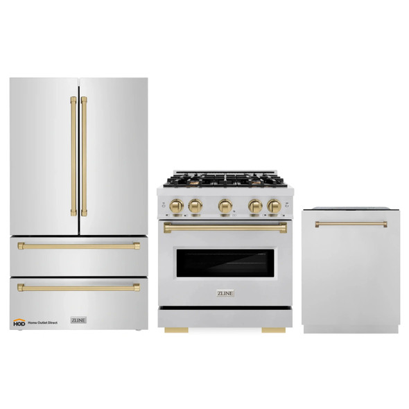 ZLINE 3-Piece Appliance Package - 30-Inch Gas Range, Refrigerator, and Dishwasher in Stainless Steel with Champagne Bronze Accents